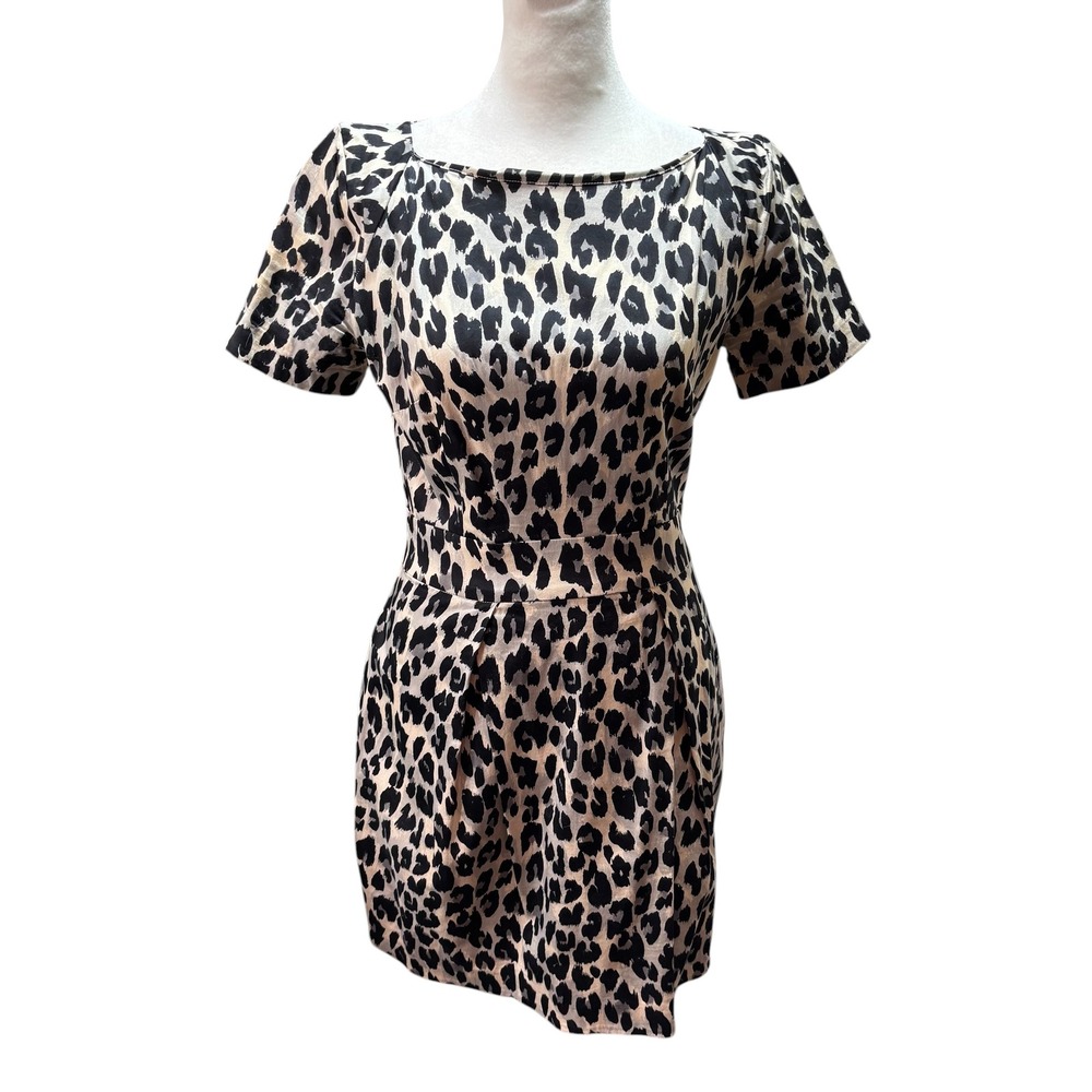 French Connection Leopard Print Short Sleeve Mini Dress Boat Neck‎ Gold Zip #903